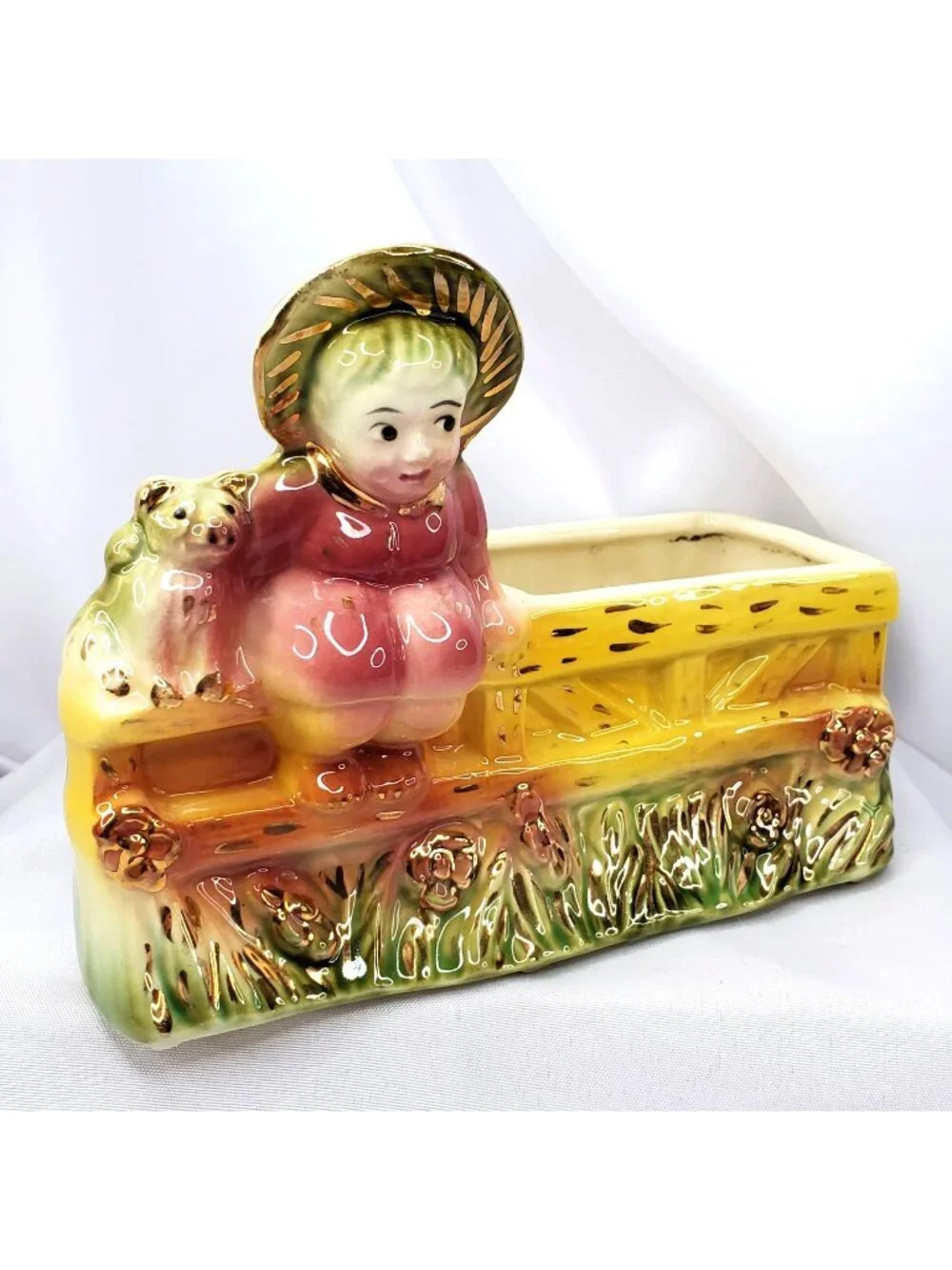 Vintage Hull Art Pottery Planter: Child on Fence with Dog, 1950s MCM Novelty #87